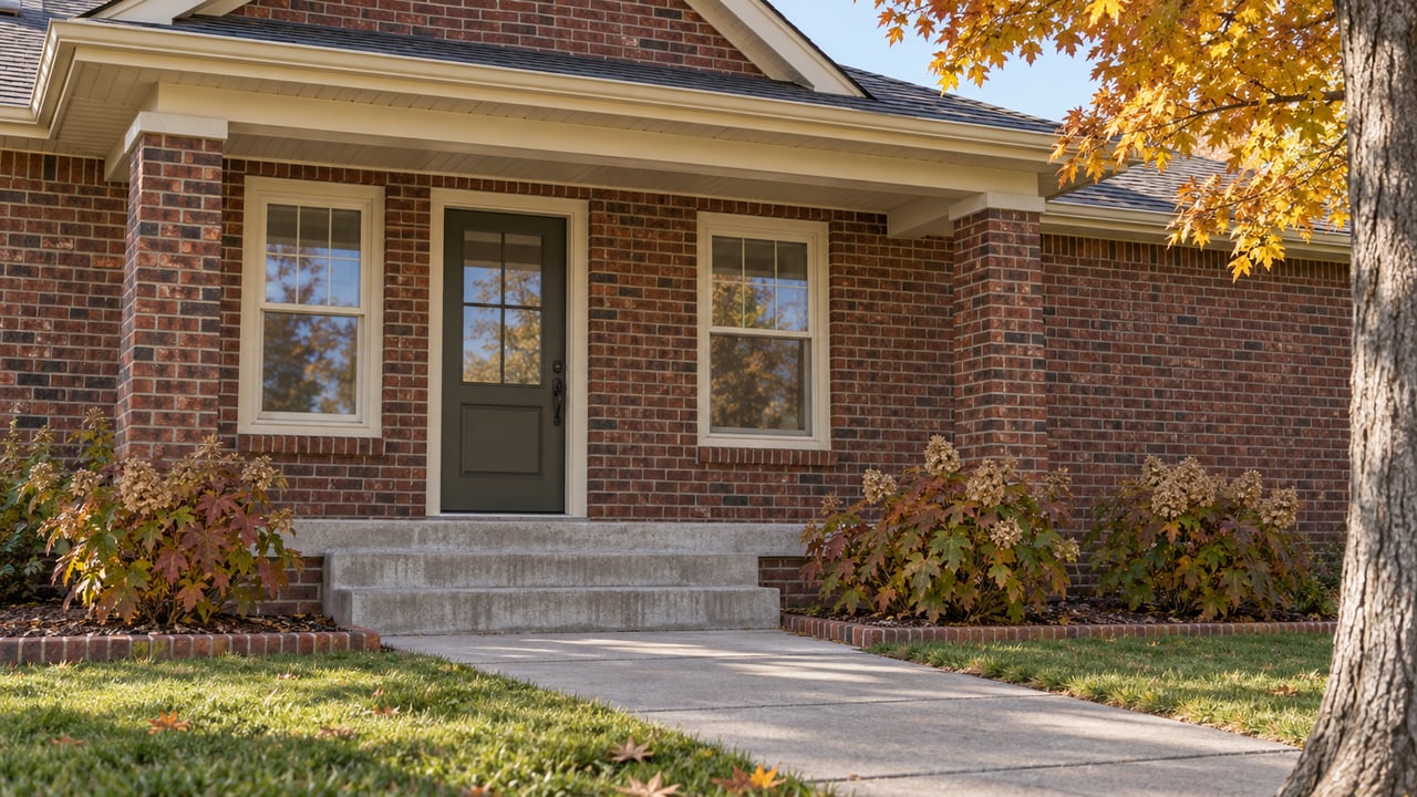 Red brick house with a covered entry, concrete steps, and autumn shrubs.