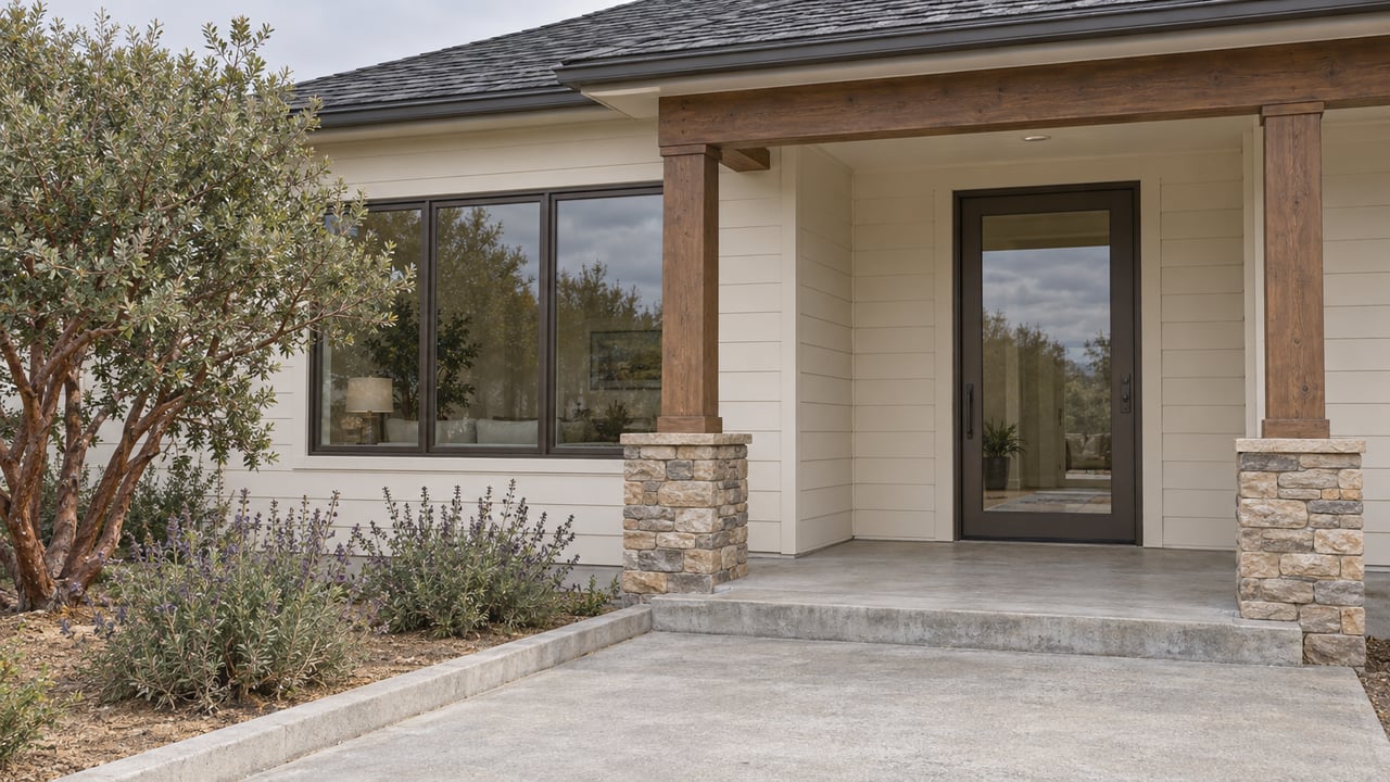 Ivory-sided home with a timber porch, bronze-framed glazing, stone post bases and a sculptural manzanita beside the concrete approach.