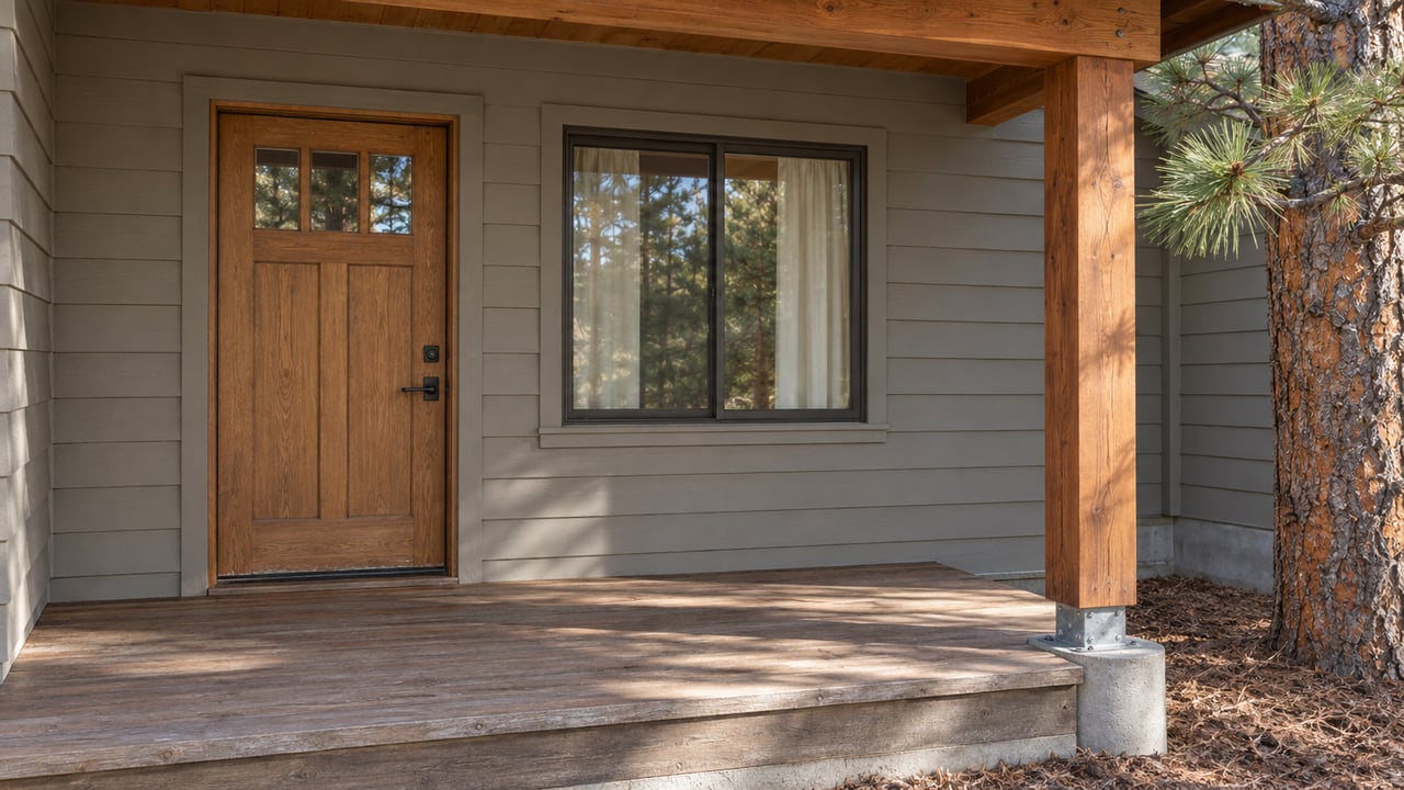 Covered porch with weathered timber supports, warm-gray lap siding, an oak entry door and a bronze-framed window beside a pine tree.