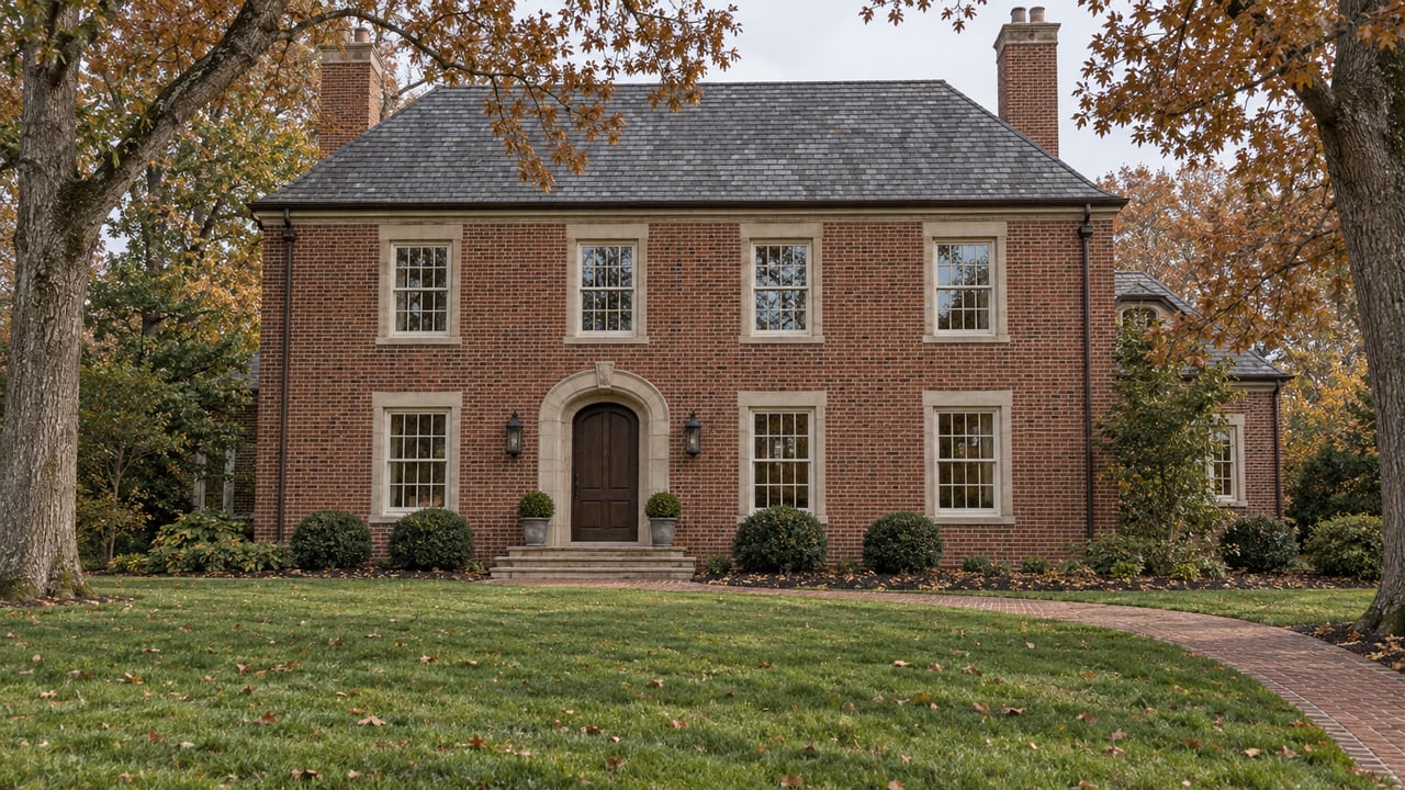 A red-brick estate with a slate roof and limestone entrance beyond a deep autumn lawn, framed by mature white oaks.