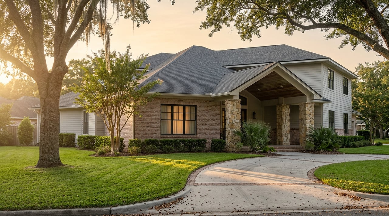 Two-story Craftsman house with brick and pale siding, a curved driveway, and a live oak draped in Spanish moss.