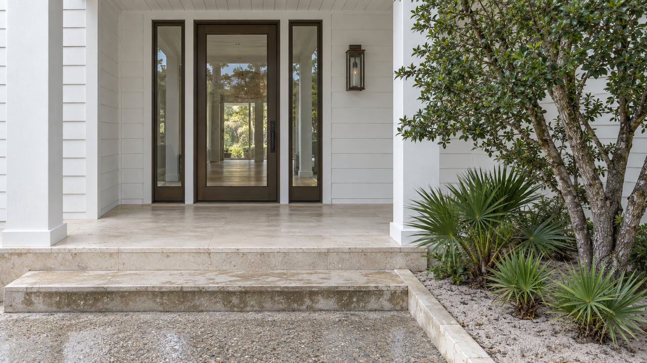 White-sided coastal cottage entrance with bronze-framed glass door, pale limestone steps and sculptural planting beside a damp shell-concrete approach.