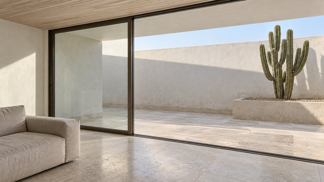 Limestone-floored living room with a linen sofa, pale wood ceiling and closed glass doors overlooking a white-walled terrace with a single branching cactus.