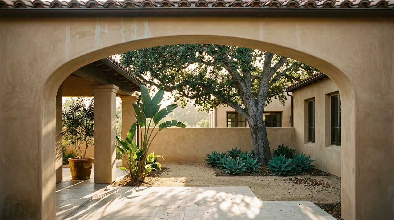 Stucco archway framing a courtyard with a sprawling oak, agaves, and a potted olive tree.