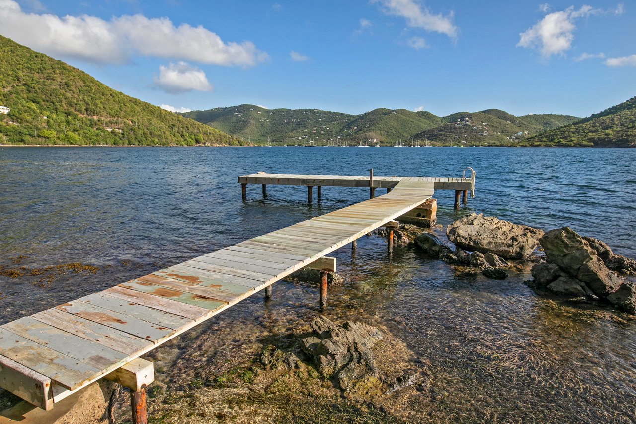 Coastal bay on St. John with a wooden dock extending into clear water.