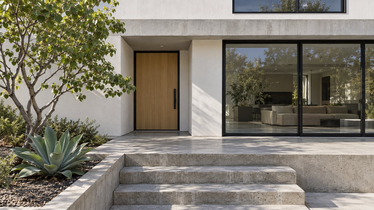 Modern white-stucco home with concrete entry steps, black-framed glass doors, and a sculptural tree beside a raised terrace.