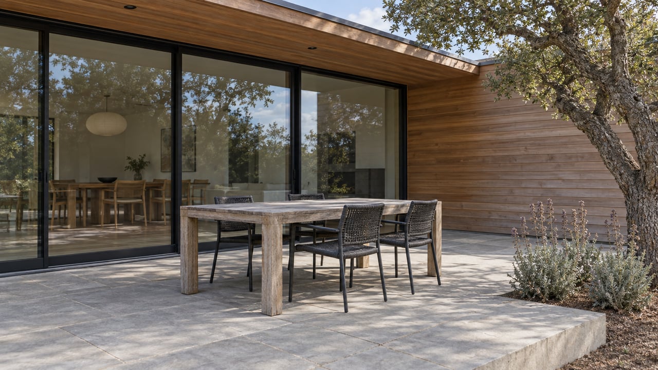 Cedar-clad modern home opening onto a limestone terrace with a weathered teak dining table, four dark chairs and a sculptural live oak.
