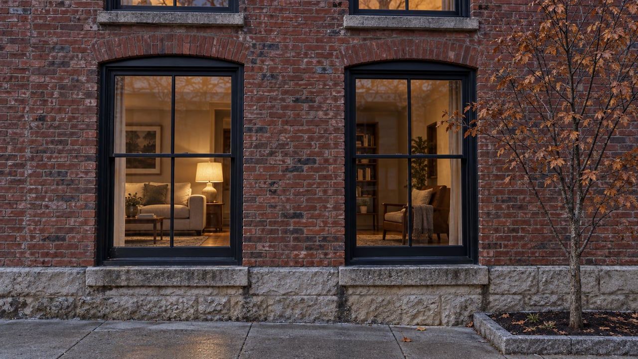 Warmly lit loft windows in weathered red brick above a limestone foundation and a small autumn serviceberry planting.