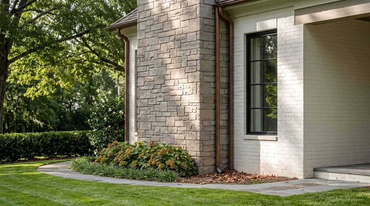 Ashlar stone chimney beside a warm-white brick wall and black-framed window, with hydrangeas and a bluestone path.