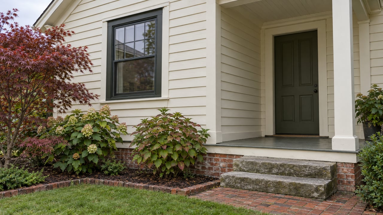 Cream clapboard house entry with an olive door, brick steps, and a small garden with Japanese maple and hydrangeas.