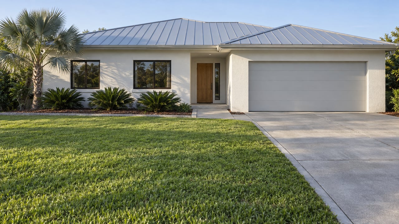 Low white stucco home with a pale metal roof, broad front lawn, concrete driveway and a single silver fan palm in afternoon light.