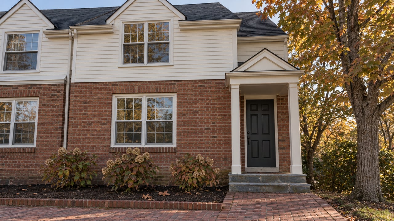 Traditional brick and ivory-clapboard townhome with a dark front door, bluestone entry steps and autumn planting.