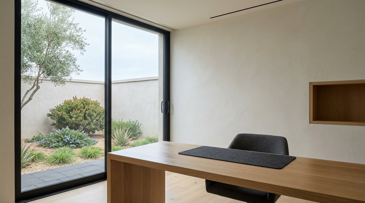 Flex-office corner with a built-in oak desk overlooking a planted courtyard.