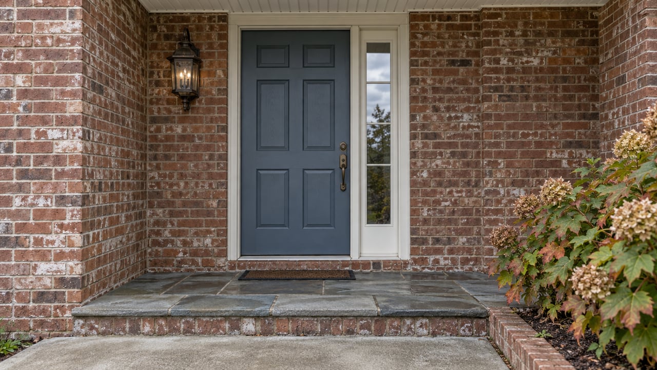 Brick home entry with a slate-blue six-panel door, glazed sidelight, bronze lantern, and copper-leaved hydrangea.