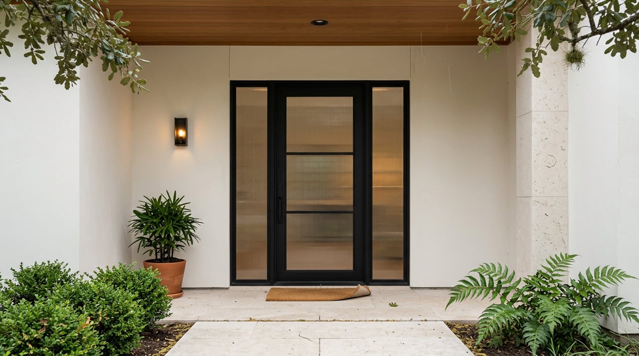 Black steel-framed glass pivot door beneath a cedar soffit, flanked by stucco walls and porch plantings.