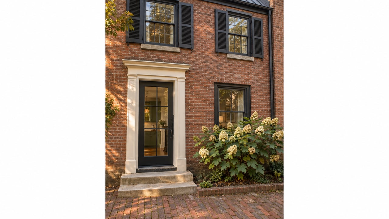 Brick townhome with a recessed glazed door, limestone steps, upper windows, and a hydrangea in a narrow bed.