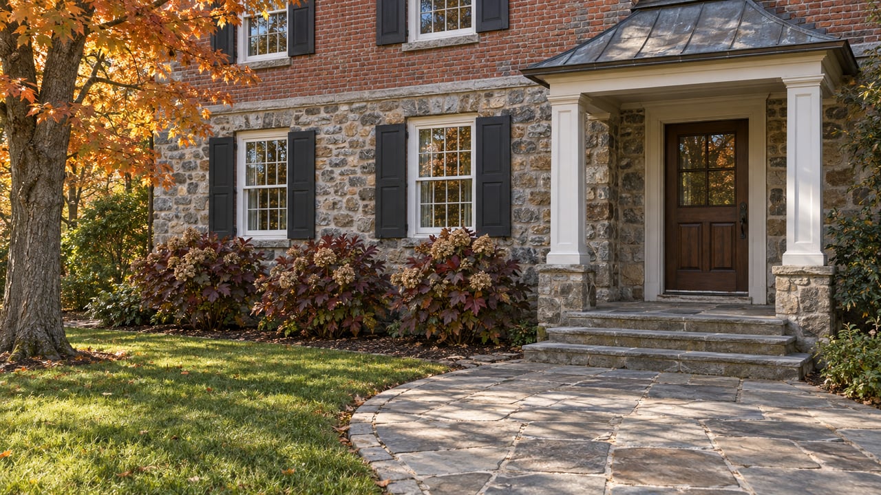 Autumn light across a fieldstone and brick home's covered entrance, flagstone walk, and burgundy oakleaf hydrangeas.