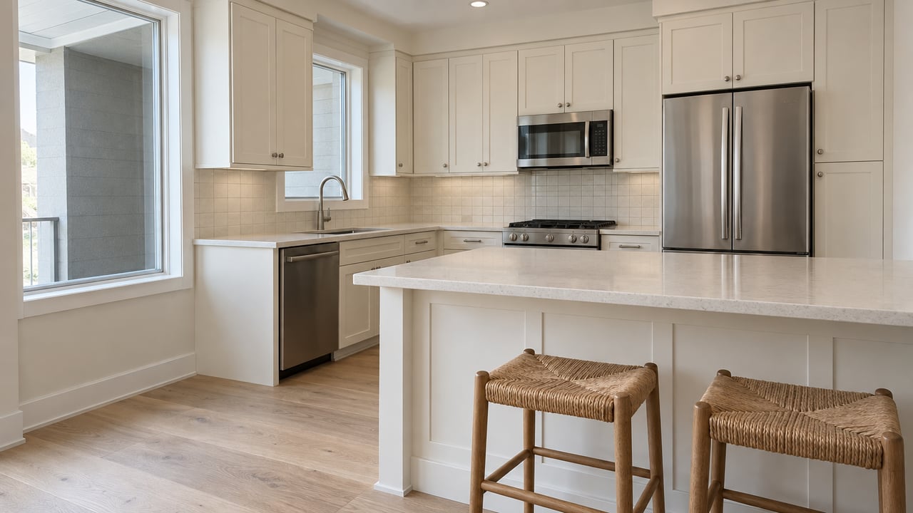 Bright condominium kitchen with ivory cabinets, pale quartz peninsula, white-oak flooring, and two woven-seat stools.