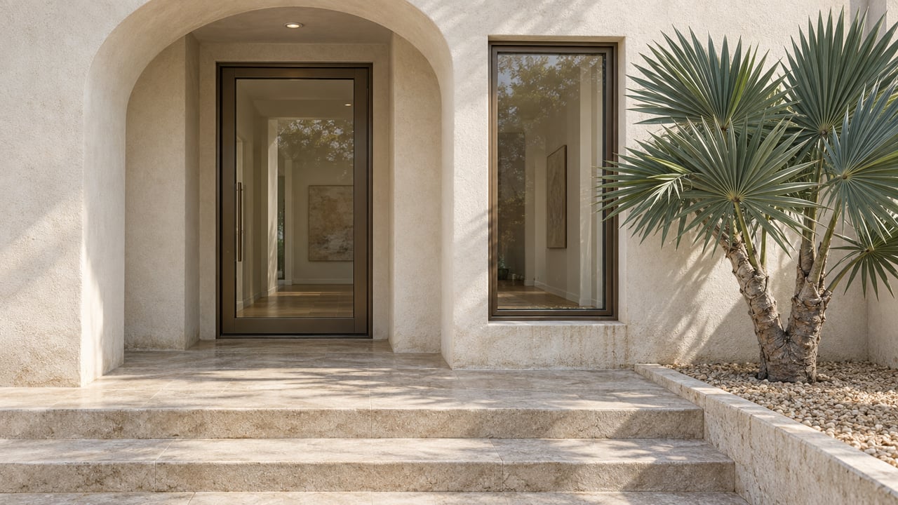 Warm-white arched home entrance with bronze-framed glass, limestone steps and a sculptural fan aloe.