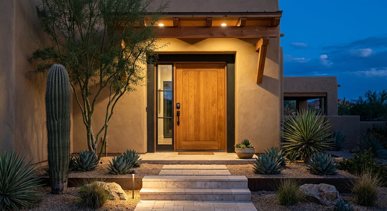 Wood entry door and sidelight framed by ivory stucco, with limestone steps and desert plants.