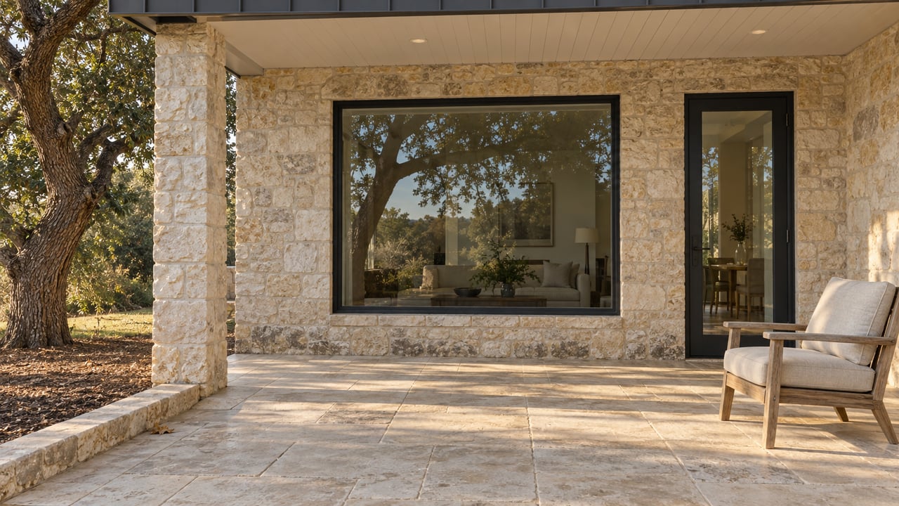 Cream limestone covered patio with black-framed glazing, a weathered teak lounge chair and a mature oak beside a raised stone planting border.