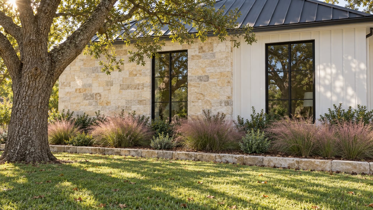 Cream limestone and white-sided house beneath a live oak, with two tall windows and a deep garden.