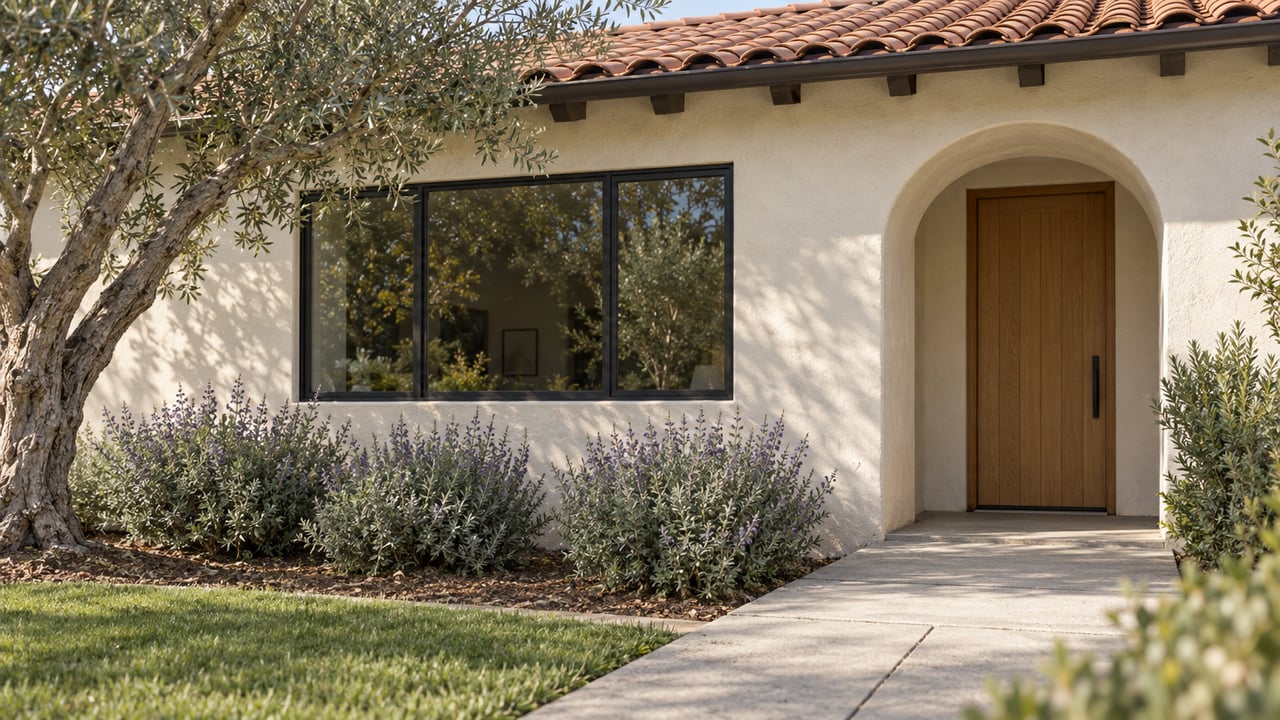 An ivory stucco home with a terracotta roof, recessed oak entry door, and an olive tree beside a concrete garden approach.