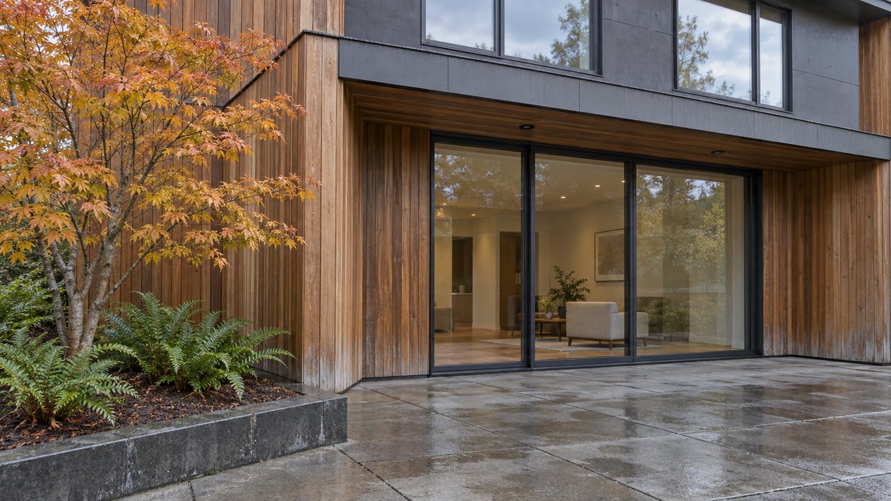 Rain-darkened patio beside cedar siding and closed glass doors, with a vine maple and sword ferns in a basalt-edged bed.