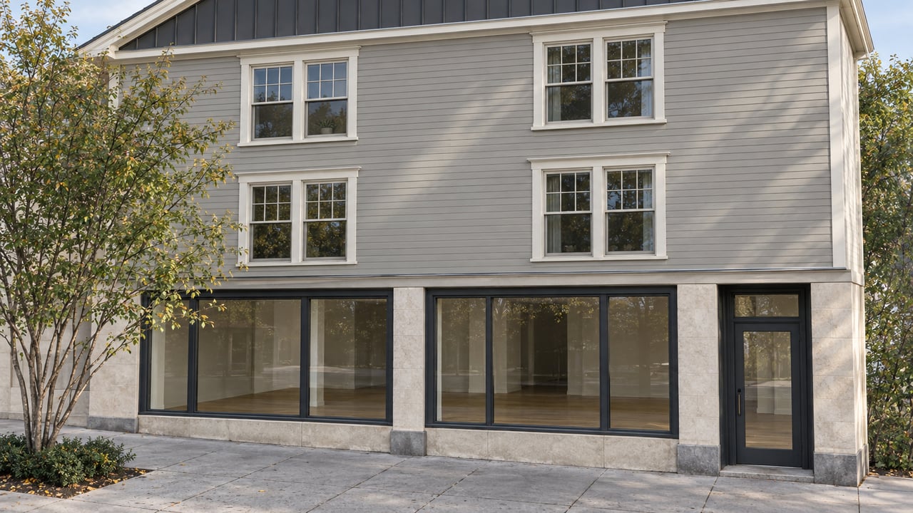 Three-story mixed-use frontage with glazed storefront, separate entry, clapboard upper floors, and sidewalk tree.