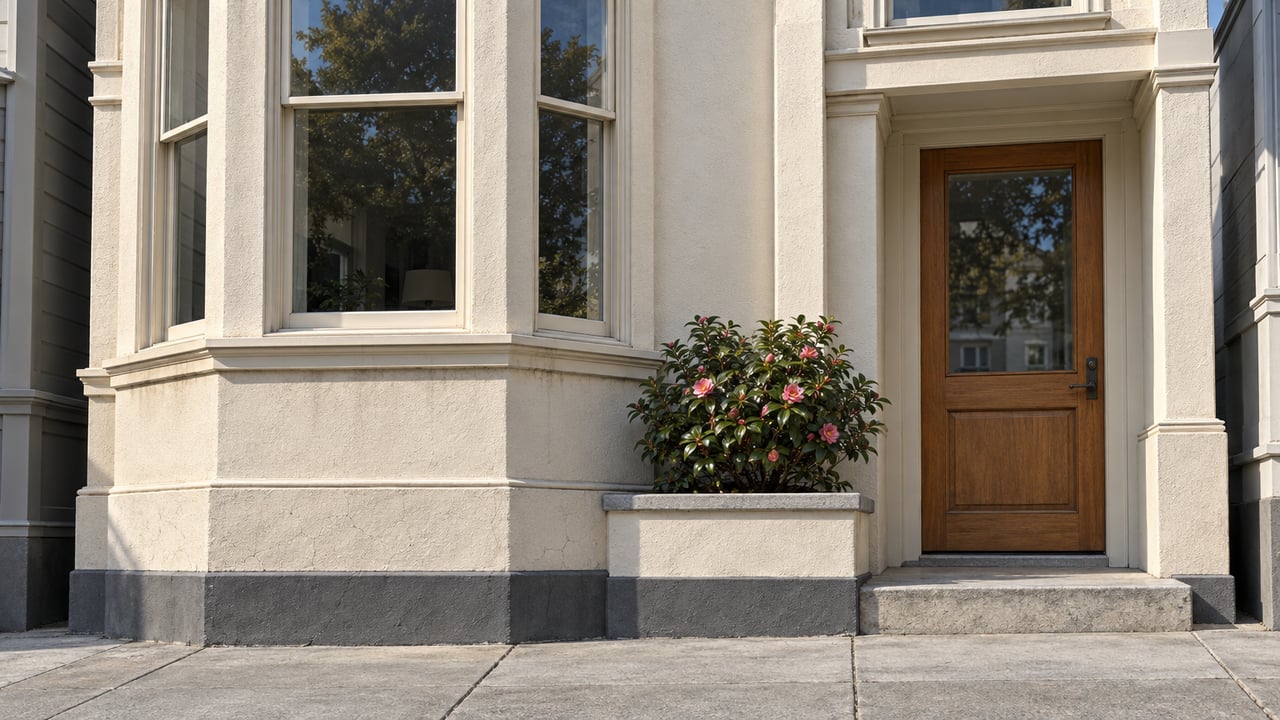 Cream stucco home with projecting wood-framed bay windows, a recessed timber entry, and one camellia in a raised stone-capped bed.