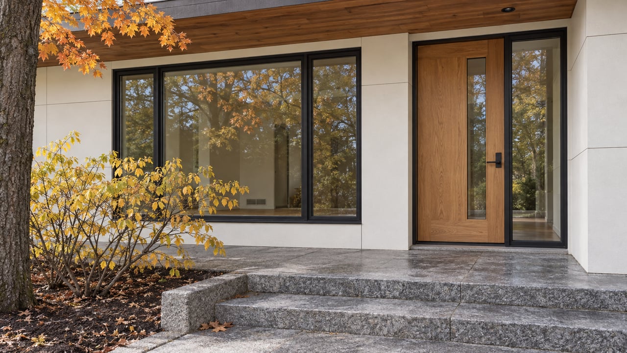 Contemporary home's glazed oak entrance beneath a cedar soffit, with granite steps and amber autumn foliage.