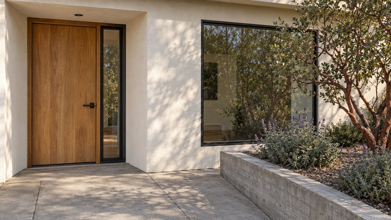 Sunlit stucco home entry with an oak door, black-framed window and manzanita in a raised concrete planting bed.