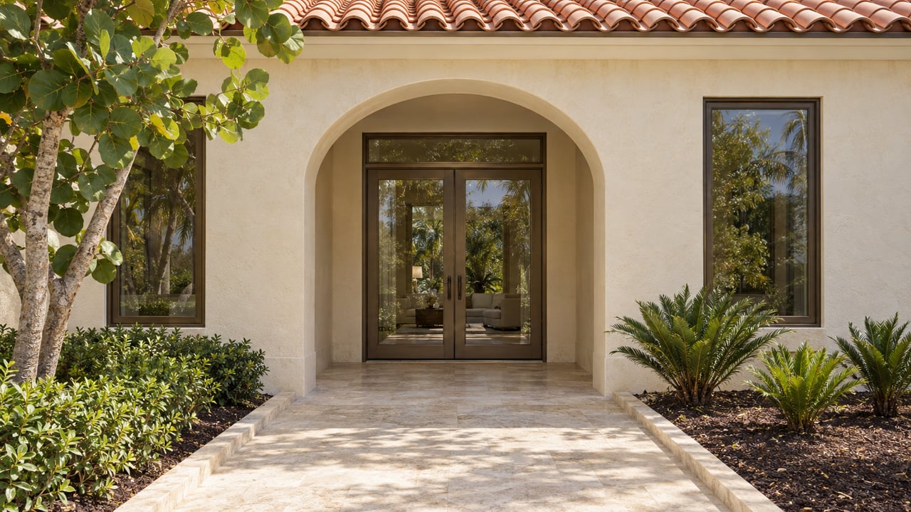 Cream stucco home with terracotta roof tiles, an arched recessed entry, bronze-framed glazed doors and a limestone approach bordered by sea grape and coontie.