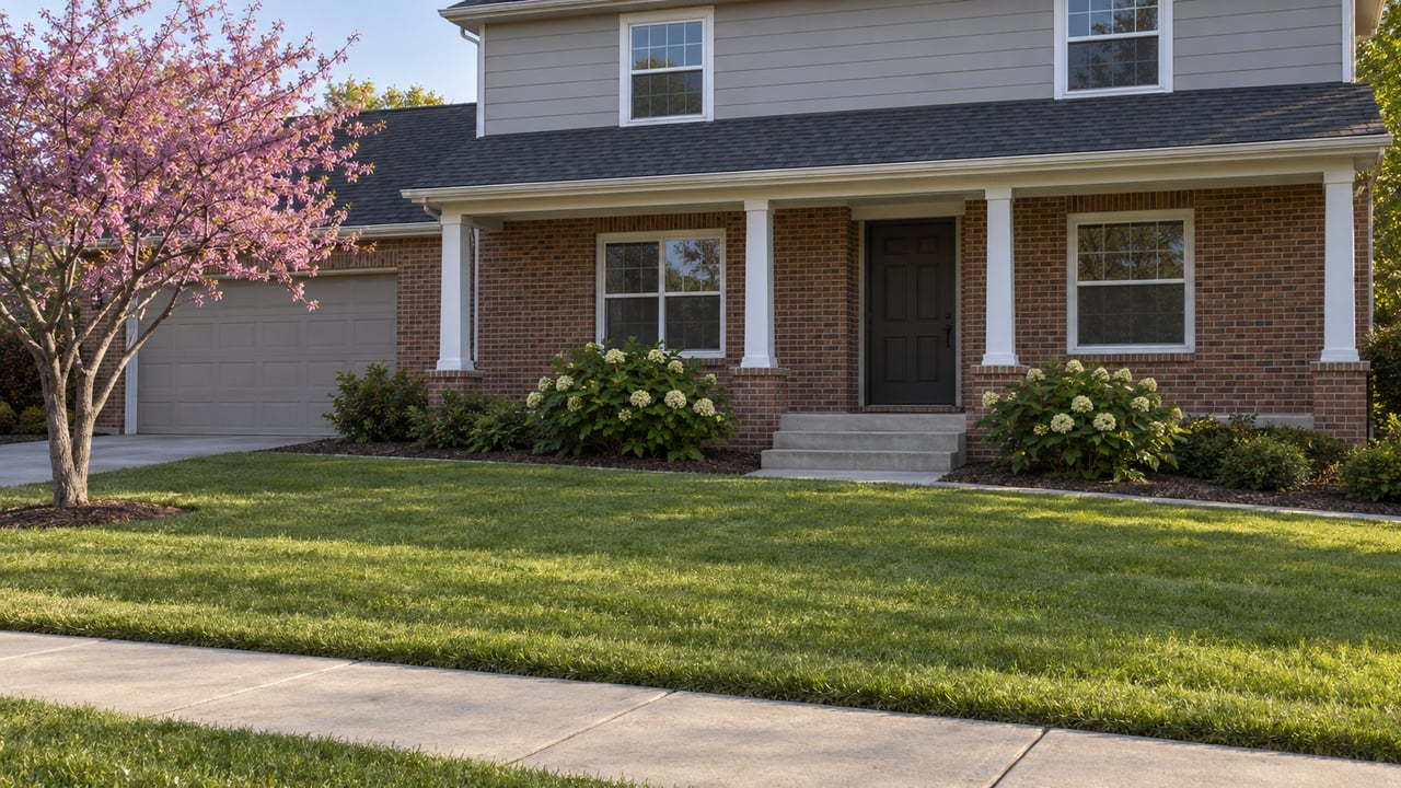 Two-story brick and gray-sided house with a recessed entry, single garage, and sloping lawn.