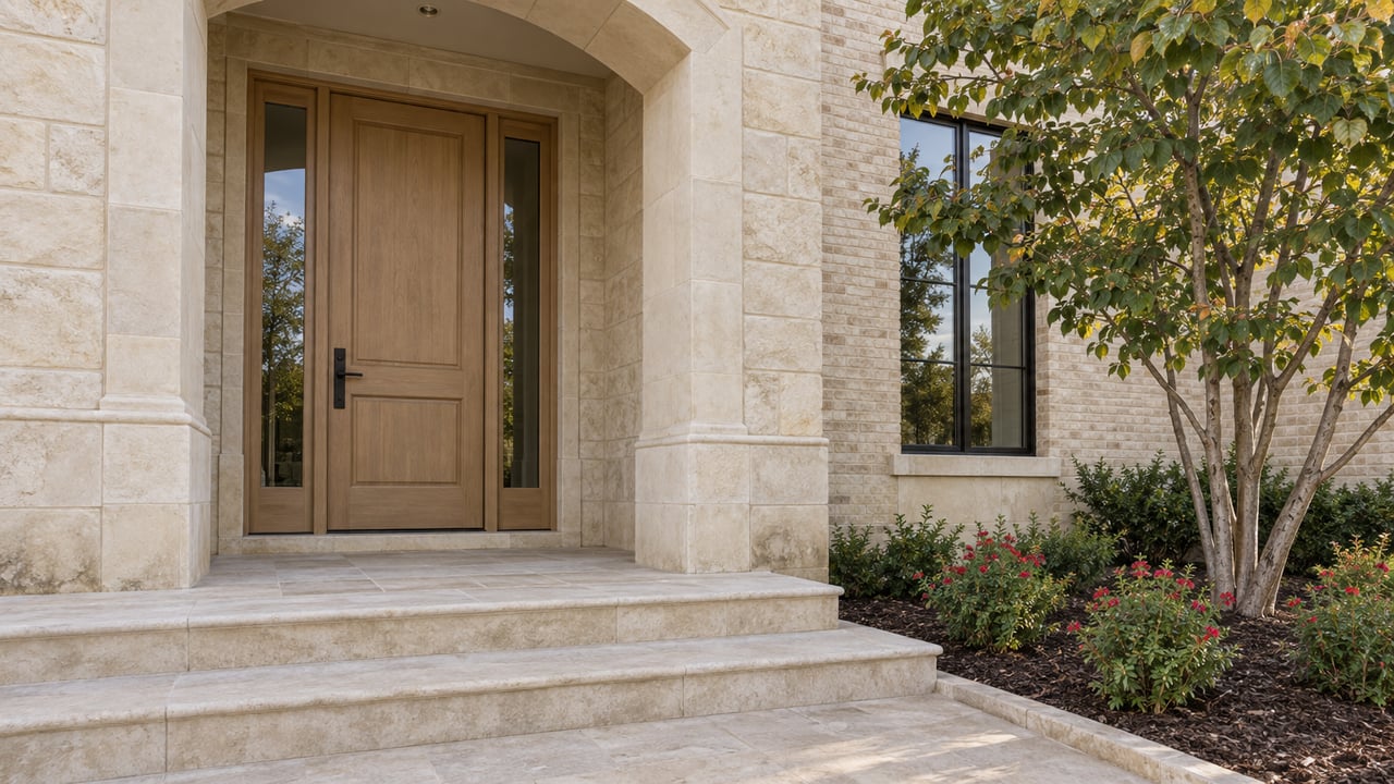 Tall limestone entry with a pale oak door, paired glass sidelights, broad stone steps, and a redbud beside a mulched planting bed.