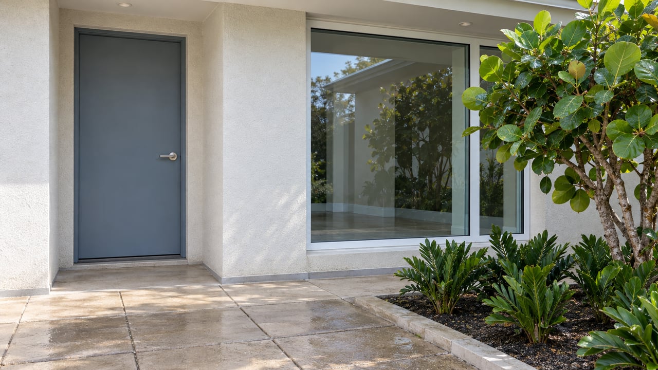 Blue-gray front door and white-framed window beneath a shaded stucco porch, beside sea grape and coontie planting.