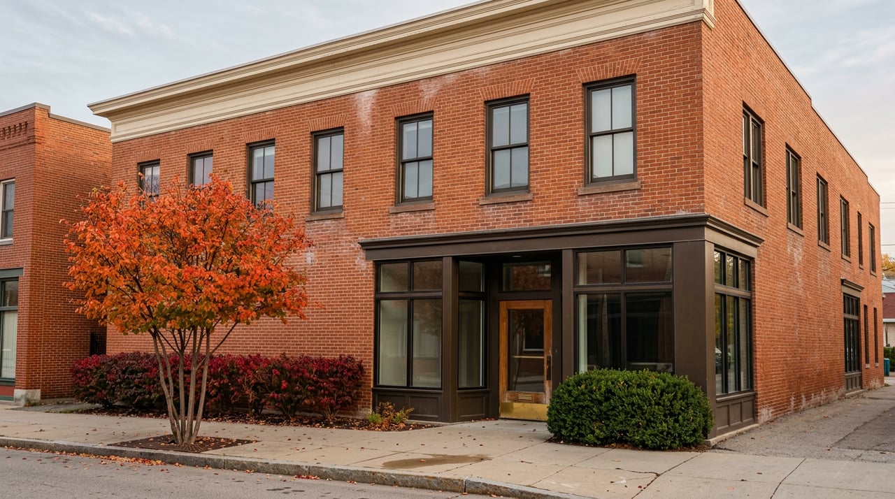 Two-story brick storefront with cream cornice trim, fall-colored serviceberry tree, and burgundy shrubs.