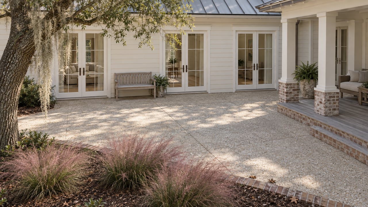 Cream-sided home overlooking an oyster-shell concrete courtyard, with glazed doors, a teak bench and a live oak.