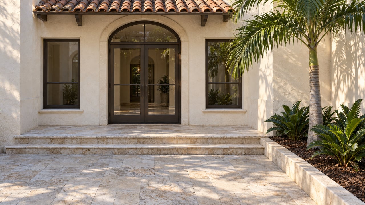 Sunlit ivory stucco condominium entrance with an arched bronze-framed glass door, limestone courtyard, and a specimen palm.