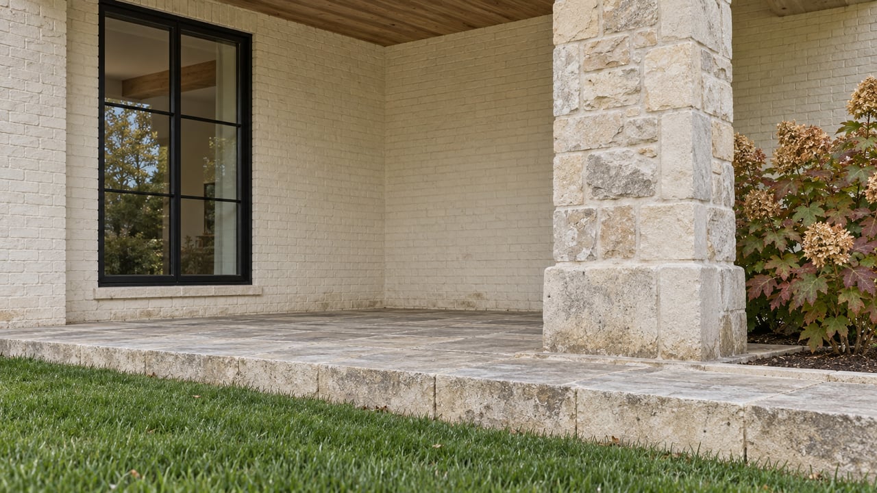 Ivory brick and limestone porch with a tall black-framed window, oak soffit, and autumn oakleaf hydrangea beside a raised stone terrace.