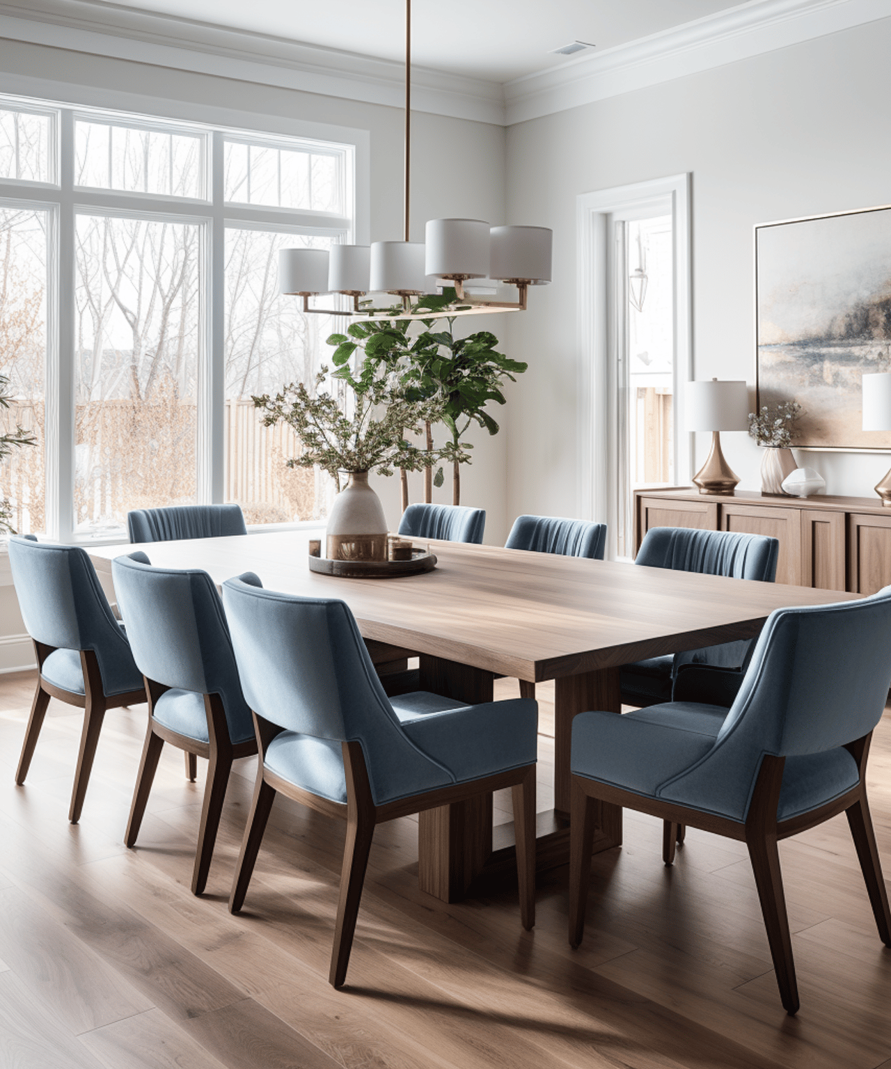 Dining room with a long wood table, blue chairs, large windows, and a multi-shade chandelier.