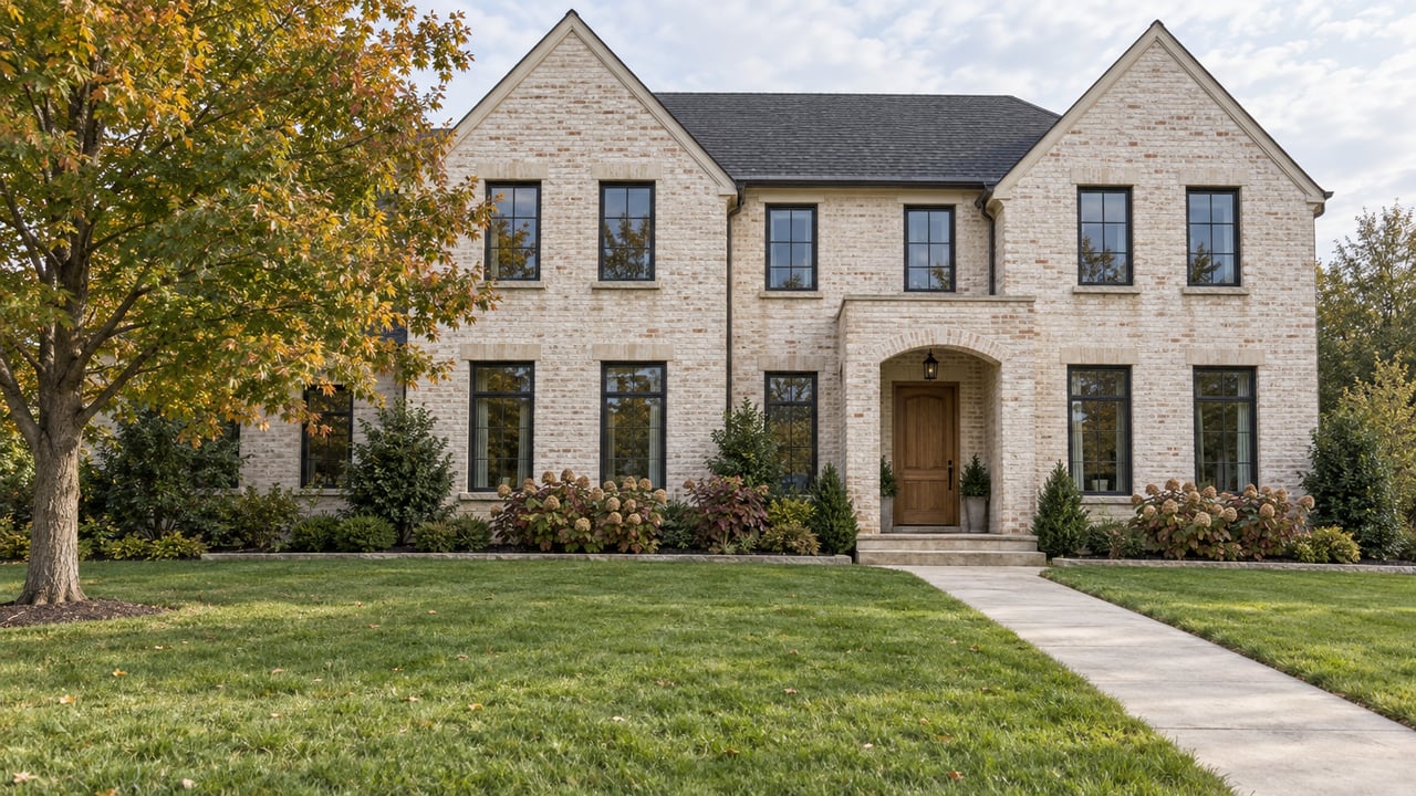 An ivory brick two-story home with dark windows, a recessed oak entry, a deep green lawn, and a maple beginning to turn amber.