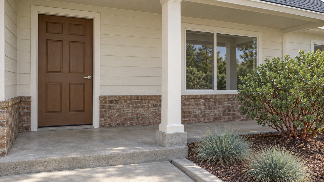 Sunlit ranch-home entry with cream lap siding, a brown wood door, brick base and a concrete porch beside manzanita and Idaho fescue.