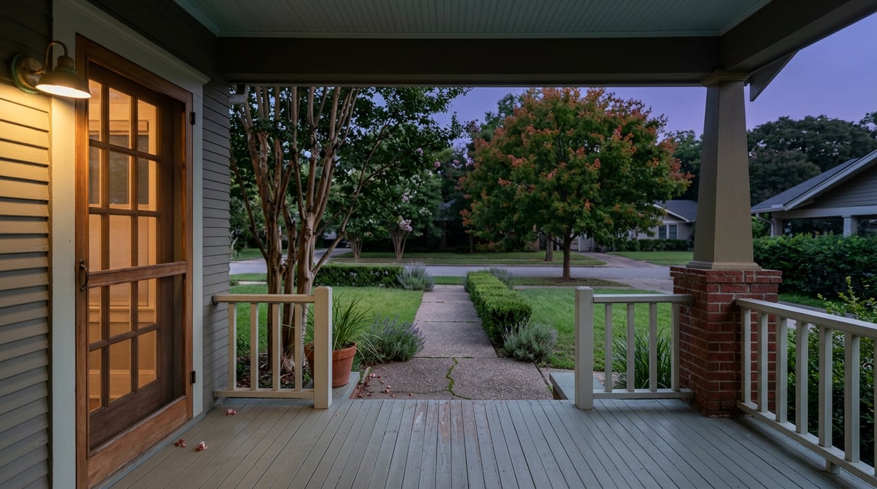 Covered porch overlooking a lawn and concrete path, with warm light at the door and a tree showing red-orange leaves.