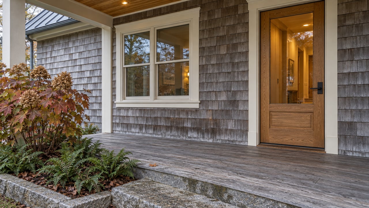 Weathered cedar-shingled home entry with an oak glazed door, timber porch, granite step and autumn oakleaf hydrangea.