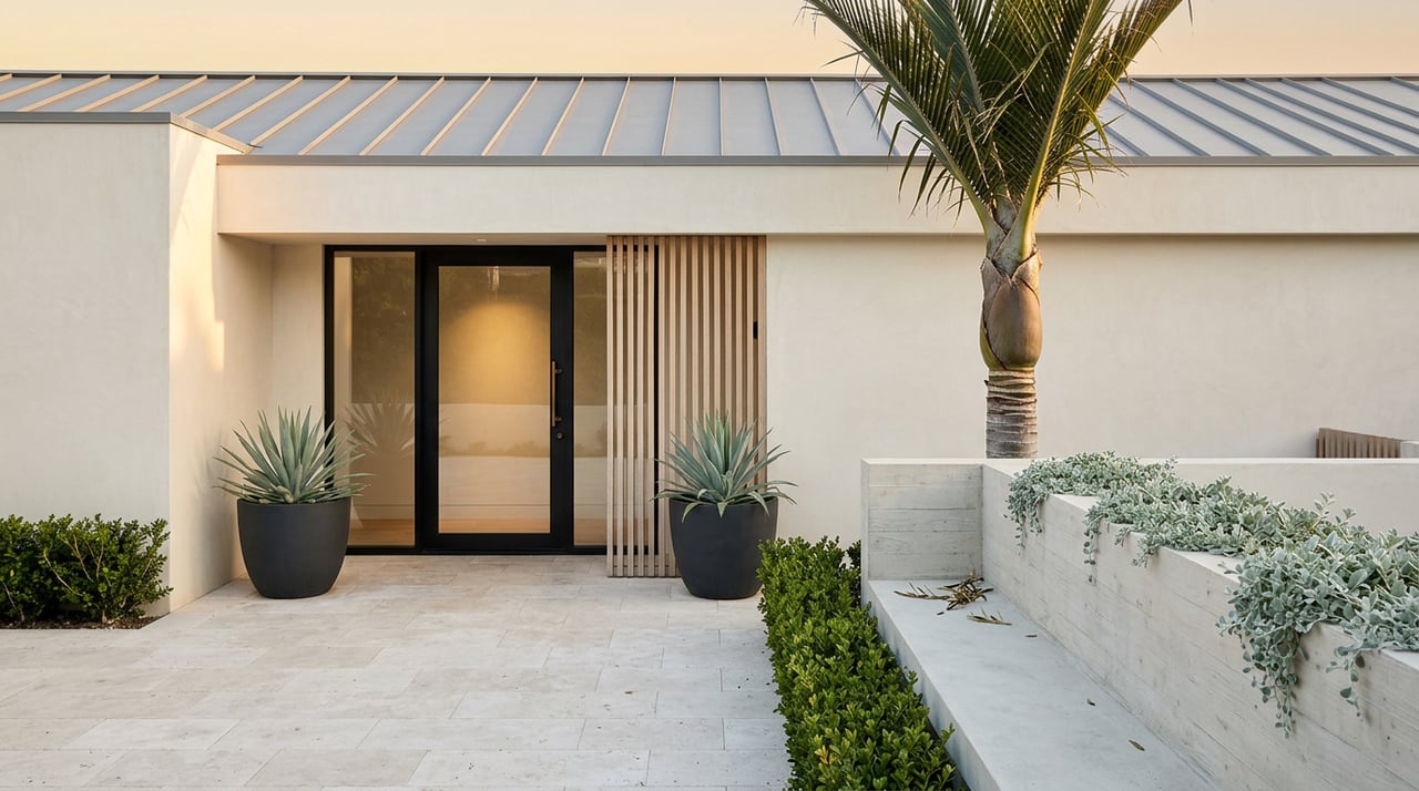Coastal home entry with a black-framed glass door, oak slat screen, agaves, and a palm above the roofline.