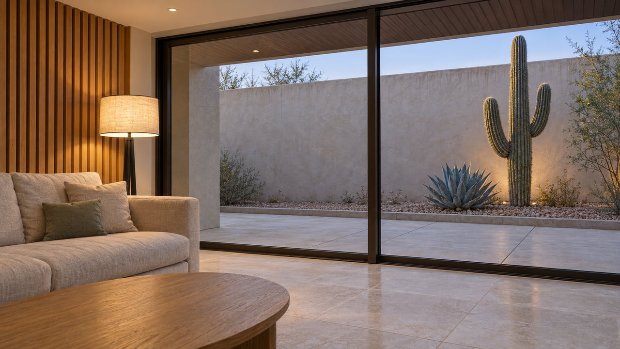 An oak and limestone living room with a linen sofa overlooks a private stucco courtyard with a mature saguaro and blue-gray agave.
