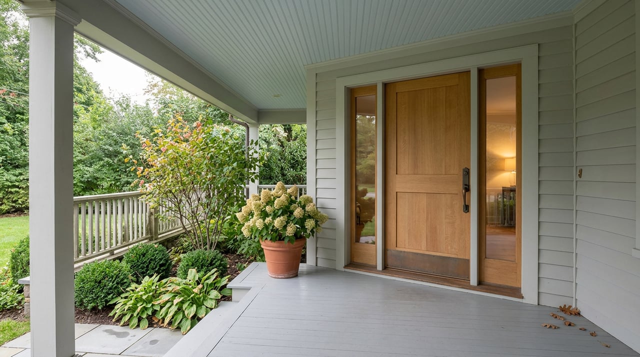 Quarter-sawn oak front door with glass sidelights, warm interior light, and clipped shrubs on a covered porch.