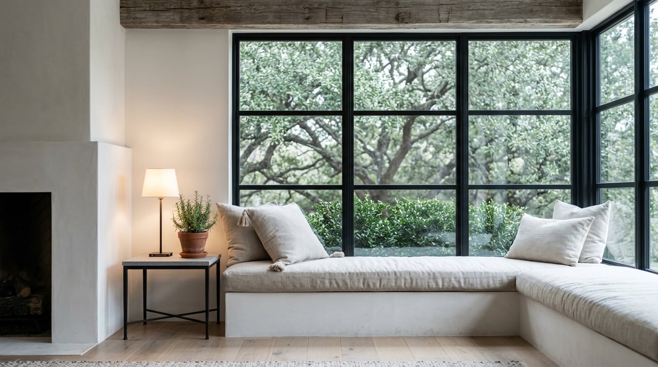 Reading nook with a linen-cushioned window bench, white fireplace, oak beam, and rosemary on a side table.