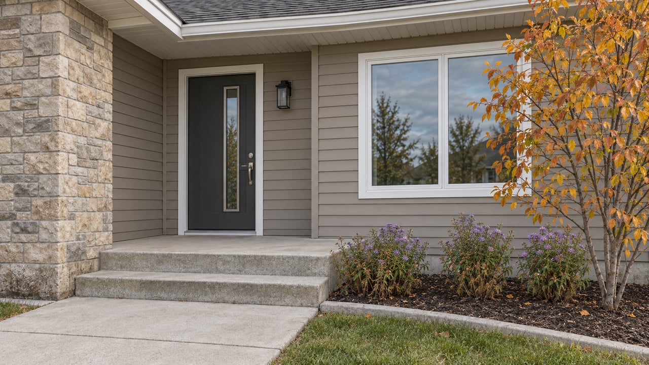 Covered entry of a taupe-sided home with stone accents, concrete steps and russet autumn serviceberry leaves.